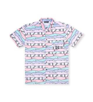 We Ride Local Party Blocks Jersey Shirt in black with pastel colors and small palm tree print, breathable 100% polyester fabric and loose fit