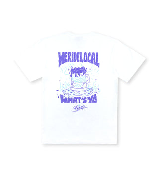 Back view of the We Ride Local Poison white t-shirt featuring a printed design of a beer glass with a palm tree and beach inside, made of 100% cotton.