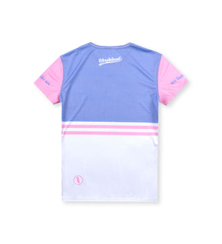 Back view of the We Ride Local Seas The Day women’s rashguard tshirt in multicolor UV50 quick-dry fabric