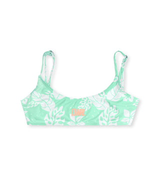 We Ride Local Shore bikini top – mint triangle top made from recycled fiber, with UV protection and white leaf print.