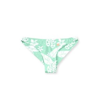 Front view of Shore Brazil bottom by We Ride Local – eco-friendly mint swim bottom made from recycled fiber, UV rays protection, white tropical leaf print.