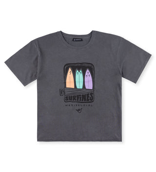 we Ride Local Surfines pigment black women’s t-shirt front view with surf print of three colorful surfboards, 100% cotton