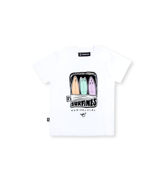 We Ride Local Surfines white kids tee – 100% soft cotton, unisex style, silk-printed graphics, made in Greece