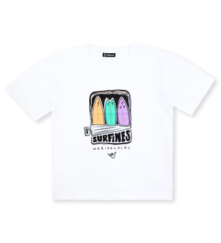 We Ride Local Surfines white women’s t-shirt front view with surf print of three colorful surfboards, 100% cotton