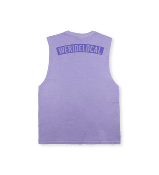 Back view of the We Ride Local UNION raw-cut tanktop in pigment lilac, sleeveless and relaxed fit.