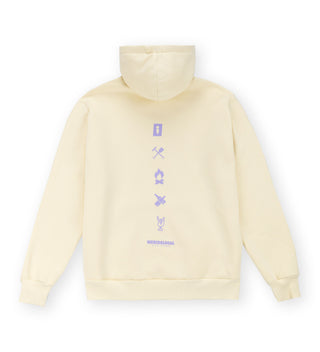 Back view of We Ride Local Wild Rides Banana Hoodie – lilac symbol print on banana yellow hoodie, relaxed unisex fit