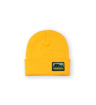 We Ride Local unisex gold coloured beanie made from 100% acrylic, featuring a hd woven patch on the front.